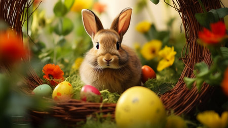Easter Elegance: Whimsical Bunny Nestled in a Bouquet, Surrounded by Colorful EggsâNature's Canvas of Springtime Delightの素材