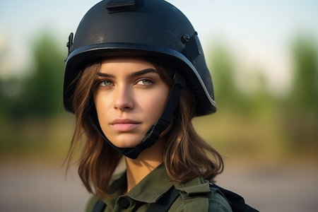 Close up portrait of Women U.S. Army aiming with rifle gunの素材
