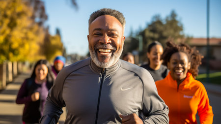 Grey senior sportsman listening music with headphones while running outdoorsの素材
