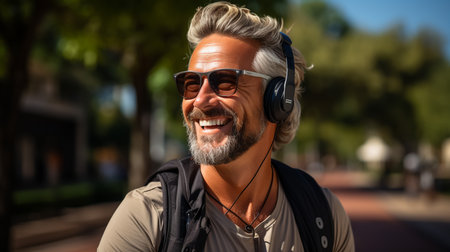 Smiling handsome mature caucasian runner jogger listening to the music in headphones, training outdoors in stadium. Workout for slimming.の素材