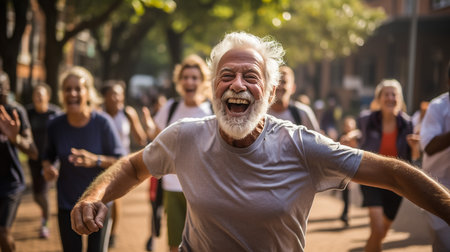 Grey senior sportsman listening music with headphones while running outdoorsの素材
