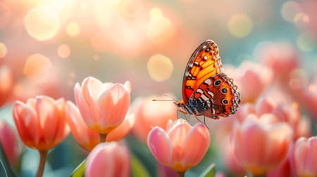 butterfly on the blossoming cherry tree, in the style of soft pastel hues, golden light, photo-realistic landscapes, light indigo and pink.の素材