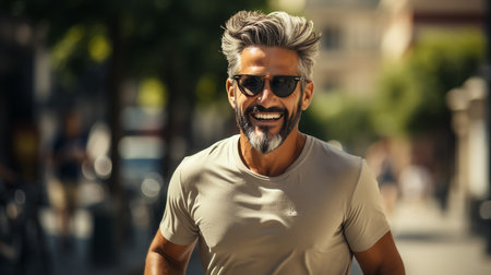 Cheerful senior man jogging and listening to the musicの素材