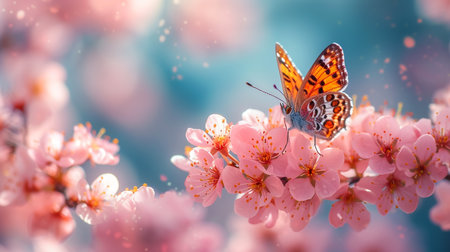 Branches blossoming cherry on background blue sky, fluttering butterflies in spring on nature outdoors. Pink sakura flowers, amazing colorful dreamy romantic artistic image spring nature, copy spaceの素材