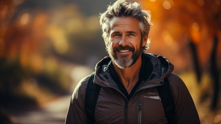 Grey senior sportsman listening music with headphones while running outdoorsの素材