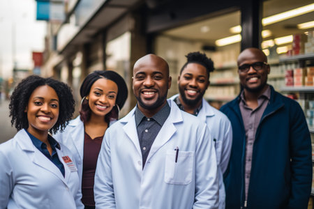healthcare, profession, people and medicine concept - group of medics with stethoscopes over blue backgroundの素材