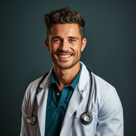 Portrait of smiling young male doctor holding digital tablet standing against window at hospital corridorの素材
