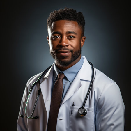 Portrait Of Smiling Male Doctor With Stethoscope Standing By Desk In Officeの素材