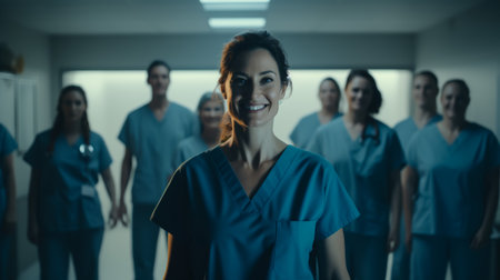 Portrait of confident happy group of doctors standing at the medical officeの素材