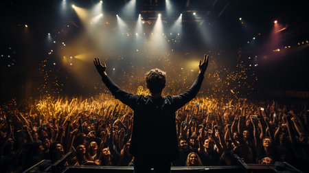 Rock concert, silhouettes of happy people raising up handsの素材