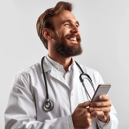 Professional doctor man in medical coat with clipboard in hands posing over light grey wall background, middle aged physician with stethoscope looking at cameraの素材