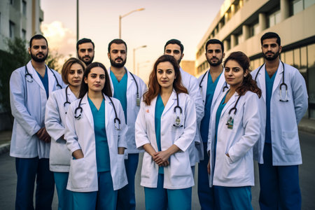 Leadership, teamwork and portrait doctors and nurses in hospital with support and success in healthcare. Health, help and medicine, confident senior doctor and happy medical employees smile together.の素材