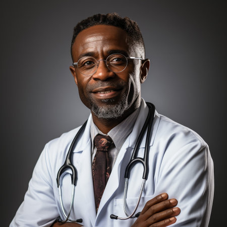 Close Up Portrait of Happy African American Family Medical Doctor in Glasses in Health Clinic. Successful Black Physician in White Lab Coat Looks at the Camera and Smiles in Hospital Office.の素材