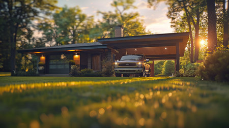 Nice curb appeal of two level house, mocha exterior paint and concrete driveway. View of cozy small porchの素材