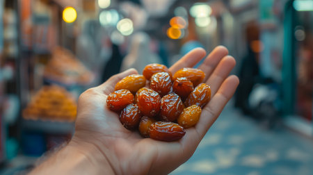 Holding a Heap of Date Fruit Toward Camera. The Food Mostly Eating in Ramadan. Daylight, Close Up Shot.の素材