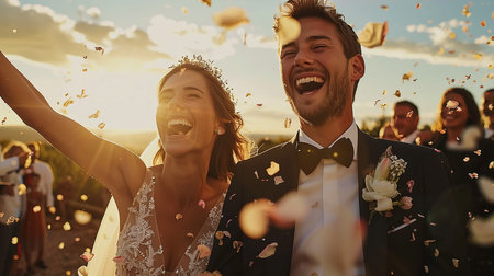 Amazing smiling wedding couple. Pretty bride and stylish groom.の素材