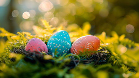 Happy Easter.Greeting banner postcard with decorative eggs in a basket of pastel colors Handmade.Easter pattern.Background DIY easter spring patternの素材