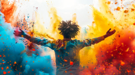 Celebrants dancing during the color Holi Festivalの素材