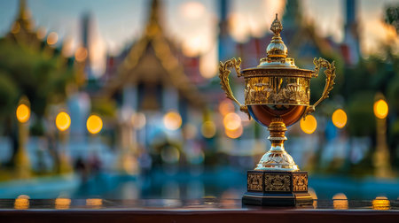 A close up of an ancient trophy Natural color light as a background selective focus and shallow depth of fieldの素材
