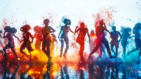 Happy young people dancing and celebrating during Music and Colors festival. Panoramic view.の素材