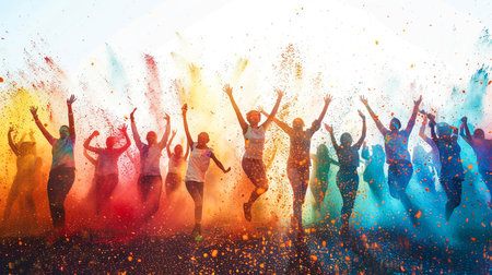 Happy young people dancing and celebrating during Music and Colors festival. Panoramic view.の素材