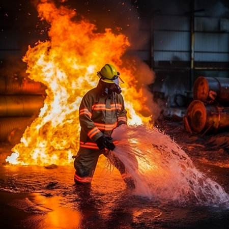 Firemen extinguish a house and building;の素材