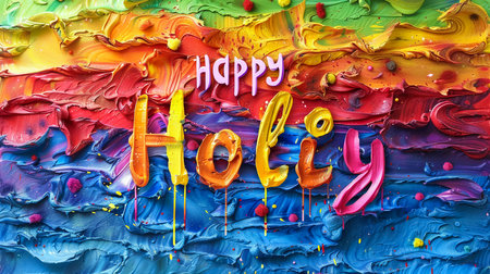 Abstract colorful happy holi background.Illustration of festival of colors with rainbow color powder on holi text.の素材