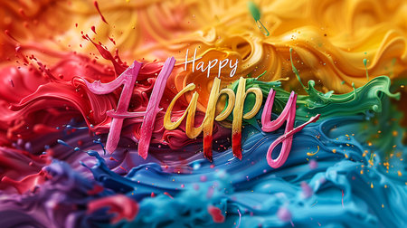 Abstract colorful happy holi background.Illustration of festival of colors with rainbow color powder on holi text.の素材