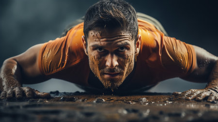 Close up of young muscular man lifting weights over dark backgroundの素材