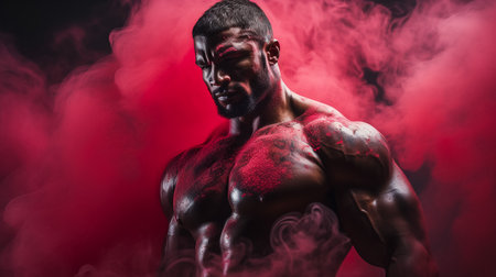 Close up of young muscular man lifting weights over dark backgroundの素材