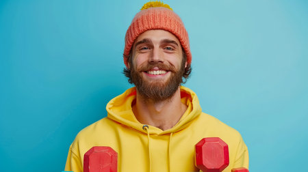strong and handsome young man doing exercise with dumbbellsの素材