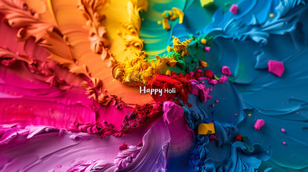 Abstract colorful happy holi background.Illustration of festival of colors with rainbow color powder on holi text.の素材