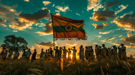Group of people of men holding Indian flagsの素材