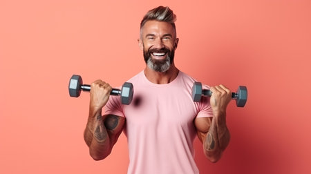 strong and handsome young man doing exercise with dumbbellsの素材