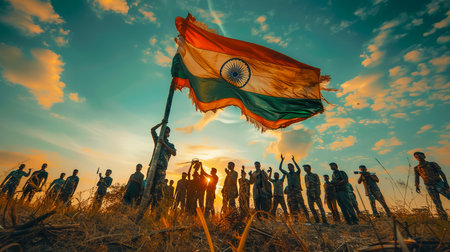 Group of people of men holding Indian flagsの素材