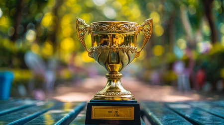 Gold award trophy against bright blurred lightsの素材