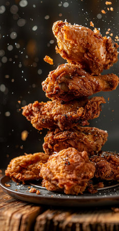 Freeze Motion Shot of Flying Fresh Fried Chicken Wings or Strips, Close-upの素材