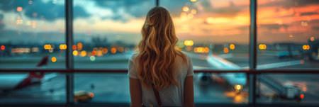 Traveling concept. Young woman in casual wear standing in international airport terminal.の素材