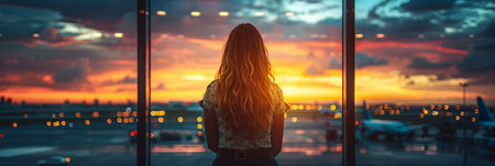 Traveling concept. Young woman in casual wear standing in international airport terminal.の素材