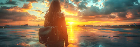 departures in airport, silhouette of woman walking with suitcase, travel background with copy spaceの素材
