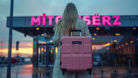 woman passenger with luggage in international airport or modern train station walking to gate.の素材