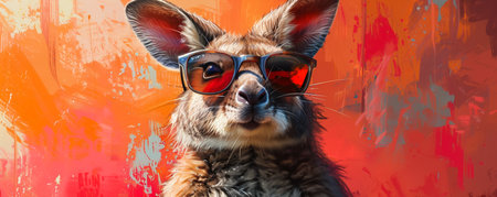 Portrait of a funny kangaroo dog wearing sunglasses on a colorful backgroundの素材