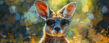 Portrait of a kangaroo with sunglasses on a floral backgroundの素材