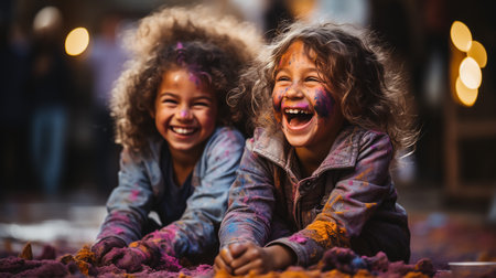 Holi celebrations - Group of kids playing Holi in India.の素材