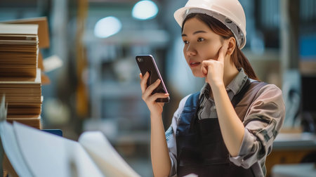 Portrait of industrial worker standing with tablet holding in her hand feeling proud and confident looking for the new opportunity, Concept business continuity, Industry business continuity planning.の素材