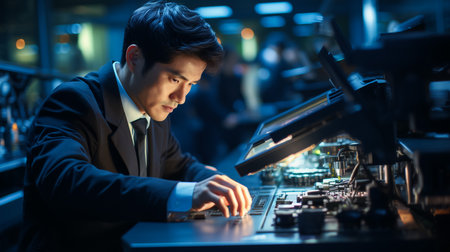 Research Factory Cleanroom: Engineer Scientist wearing Coverall and Uses Microscope to Inspect Samples, Developing High Tech Modern Electronics for Medical and High Precision Electronics Industryの素材