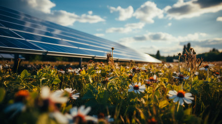 solar panels with wind turbines against mountanis landscape against blue sky with cloudsの素材