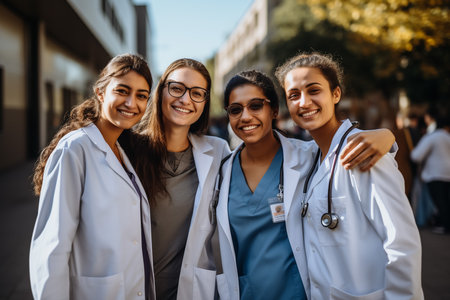 Successful team of medical doctors are looking at camera and smiling while standing in hospitalの素材