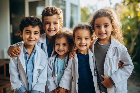 Leadership, teamwork and portrait doctors and nurses in hospital with support and success in healthcare. Health, help and medicine, confident senior doctor and happy medical employees smile together.の素材