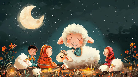 Happy kids and sheep on the meadow at night with full moon illustrationの素材